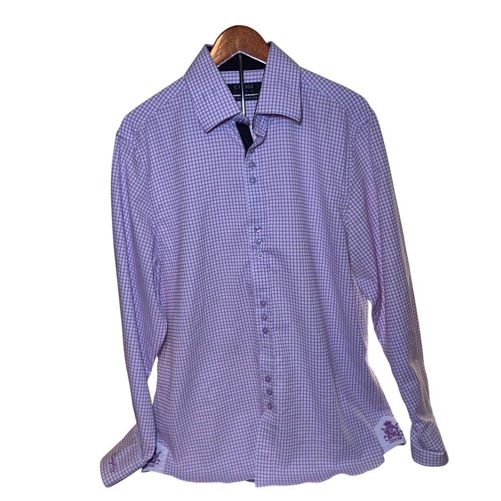 Coogi Button Down Shirt Mens L Purple White Grid Luxe Stretch Embroidered Logo